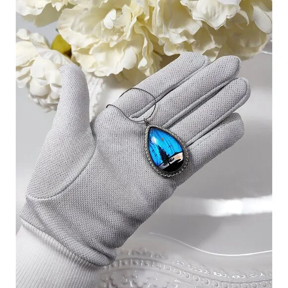 Vintage Morpho Butterfly Wing Pendant Necklace Painted Forest Palm Tree Blue - Picture 4 of 11